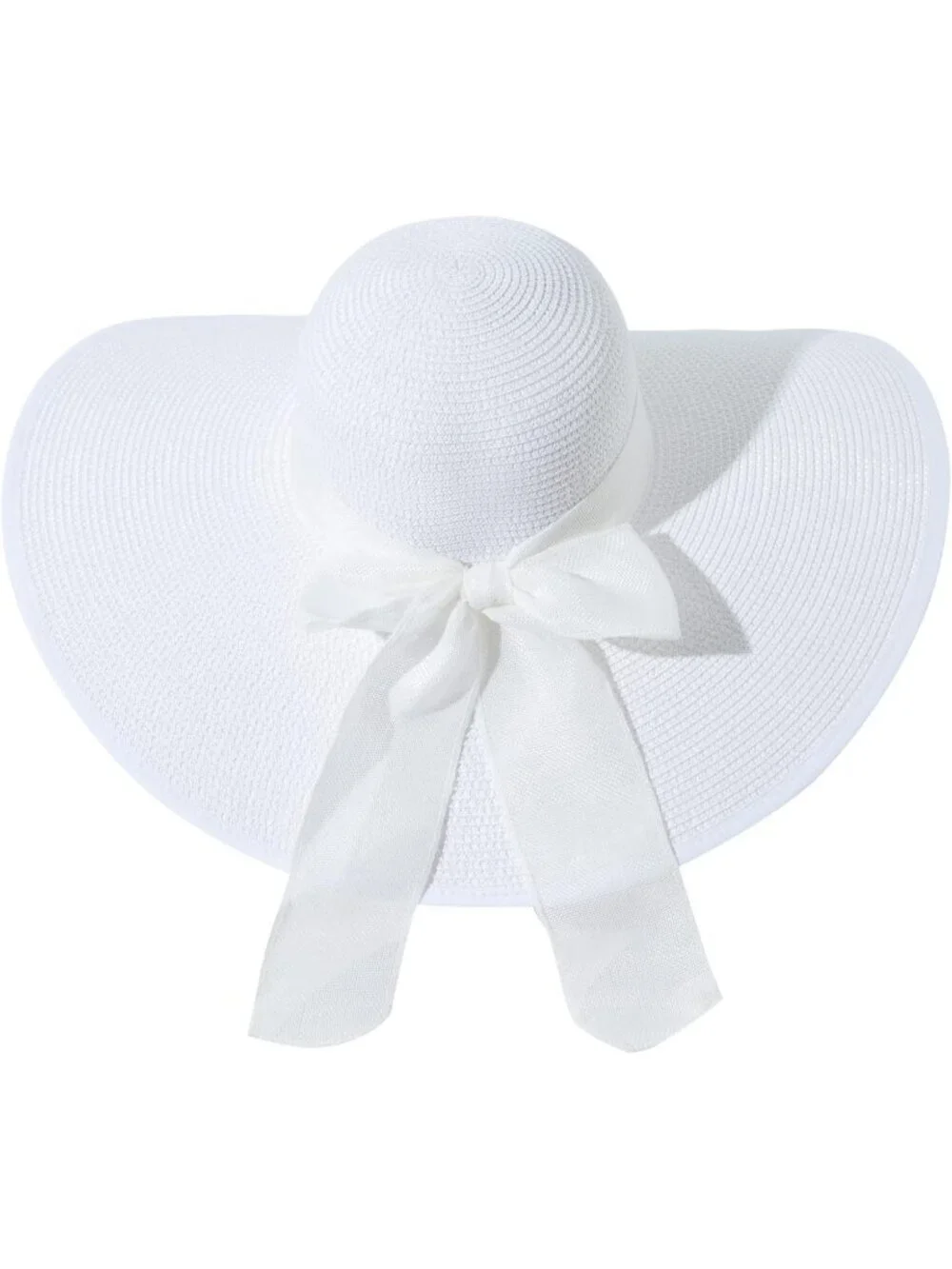 Women's White 5.7 Inches Big Bowknot Straw Hat Large Floppy Foldable Cap